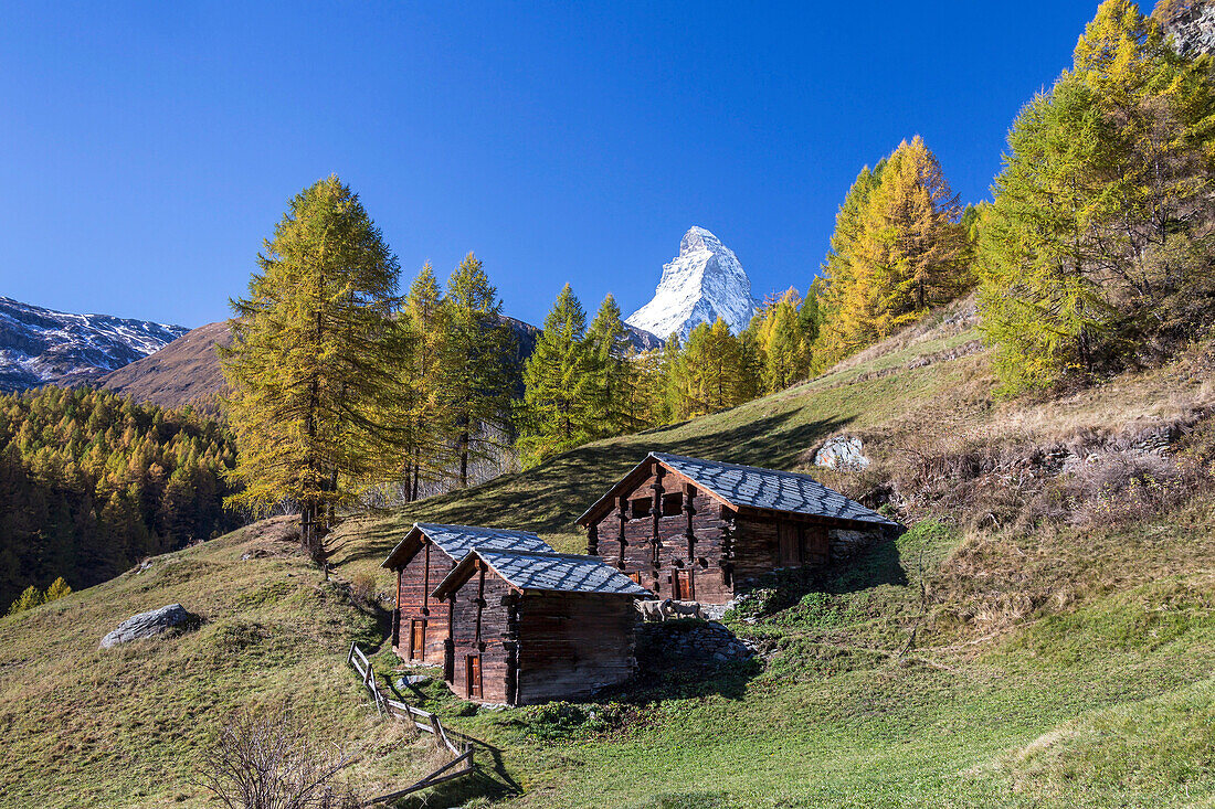 The unique shape of the Matterhorn seen from a little group of mountain huts by Zermatt, Swiss Canton of Valais, Swiss Alps, Switzerland, Europe