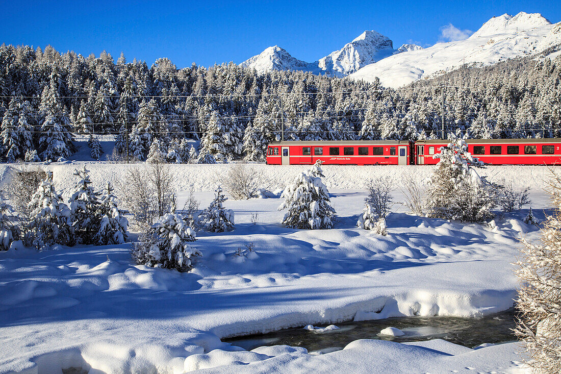 The Bernina Express in a snow-capped Engadine, Switzerland, Europe