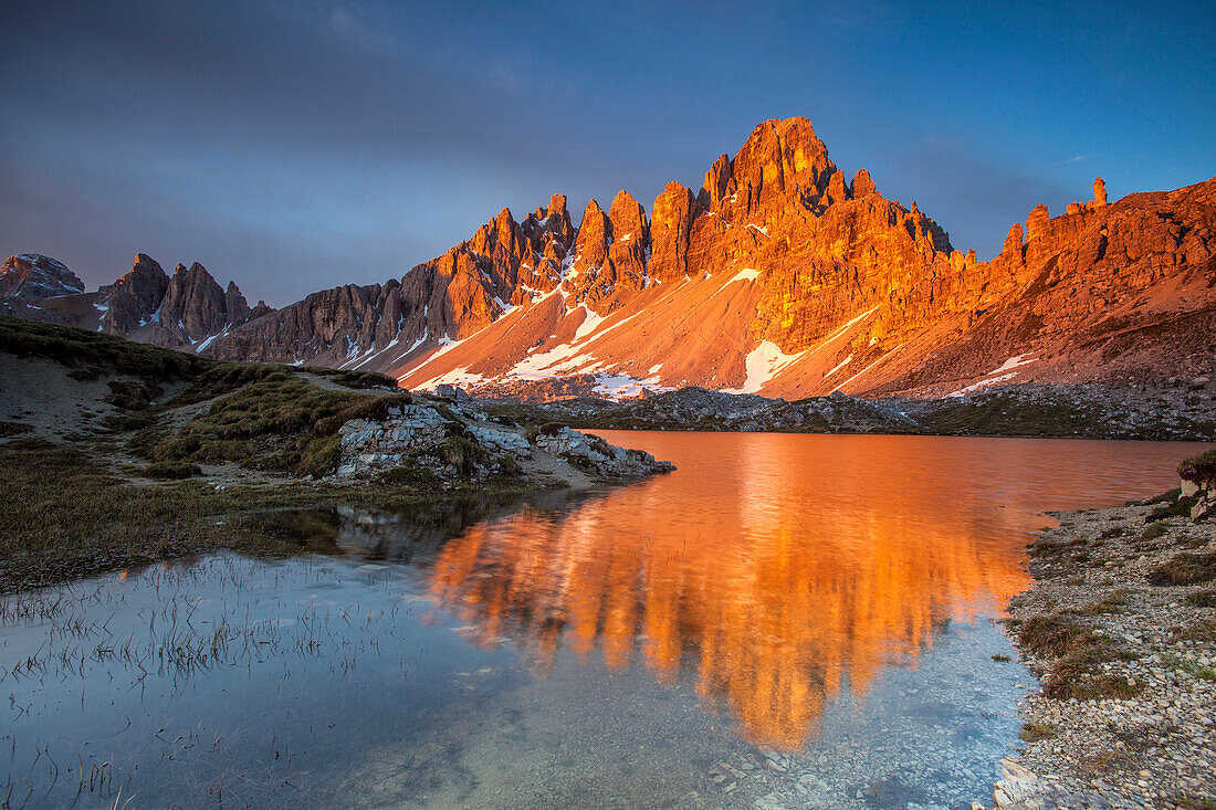 Sunrise at Mount Paterno and Lakes Piani in the Dolomites of Sesto, on the border between Veneto and South Tyrol, Italy, Europe