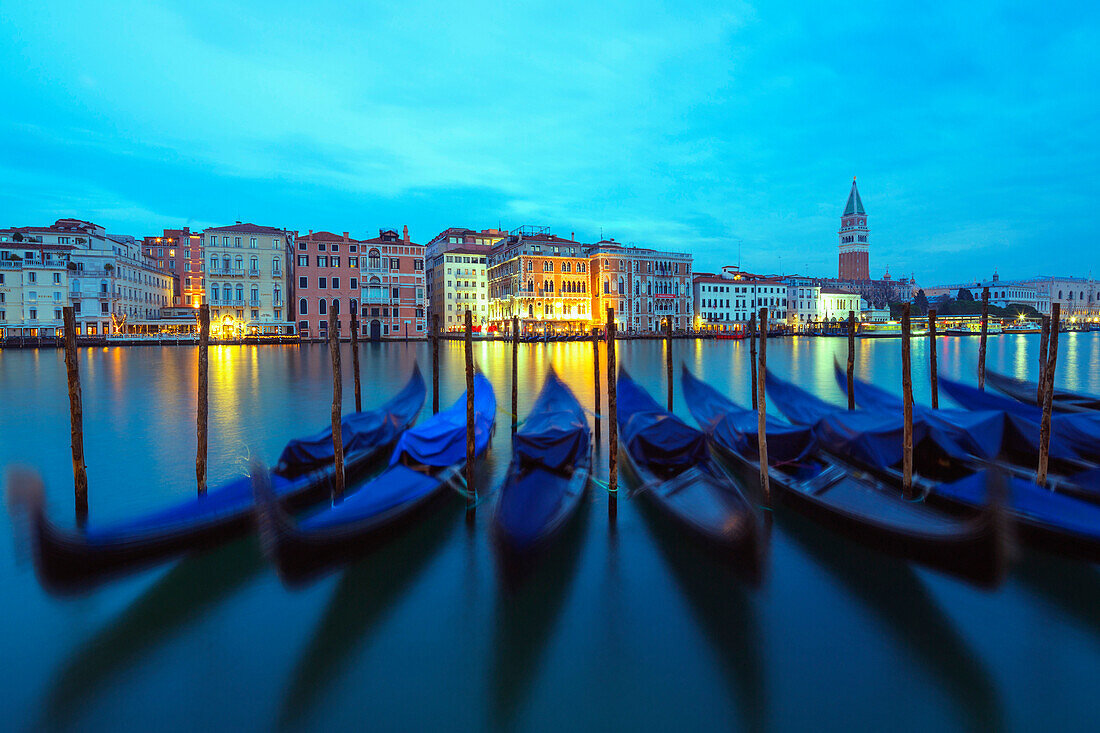 Gondolas and Campanile di San Marco in Venice lagoon, Venice, UNESCO World Heritage Site, Veneto, Italy, Europe