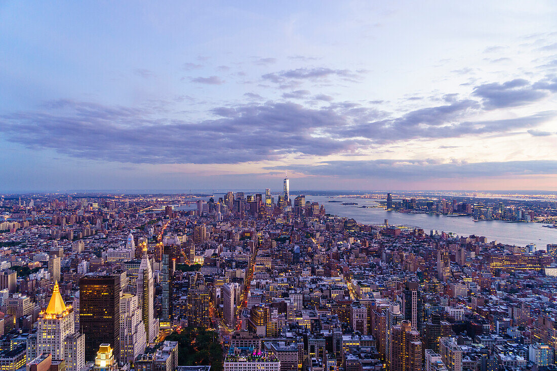 Skyline looking south towards Lower Manhattan at sunset, One World Trade Center in view, Manhattan, New York City, New York, United States of America, North America