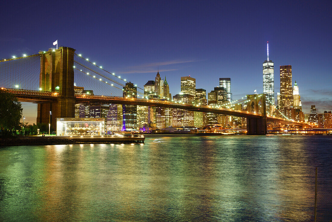 Brooklyn Bridge and Lower Manhattan skyline at night, New York City, New York, United States of America, North America