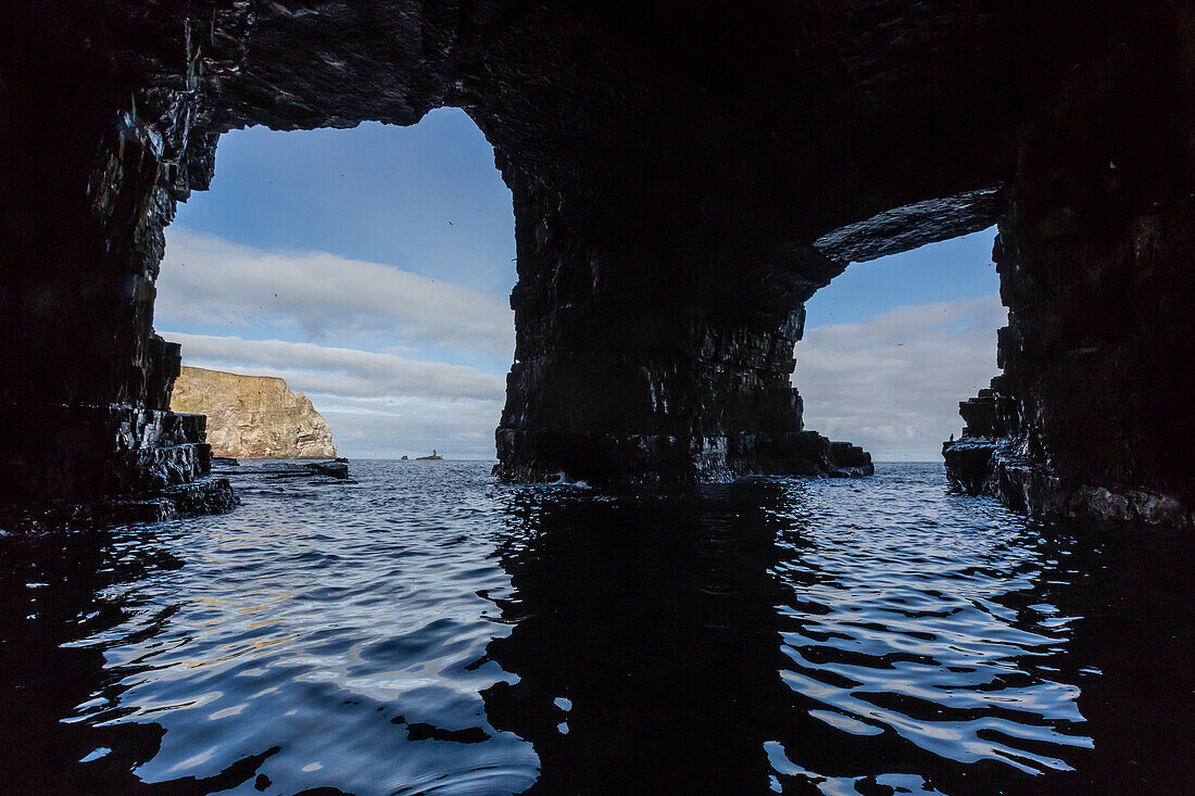 Sea caves filled with nesting birds on the south side of Bjornoya, Bear Island, Svalbard, Arctic, Norway, Scandinavia, Europe