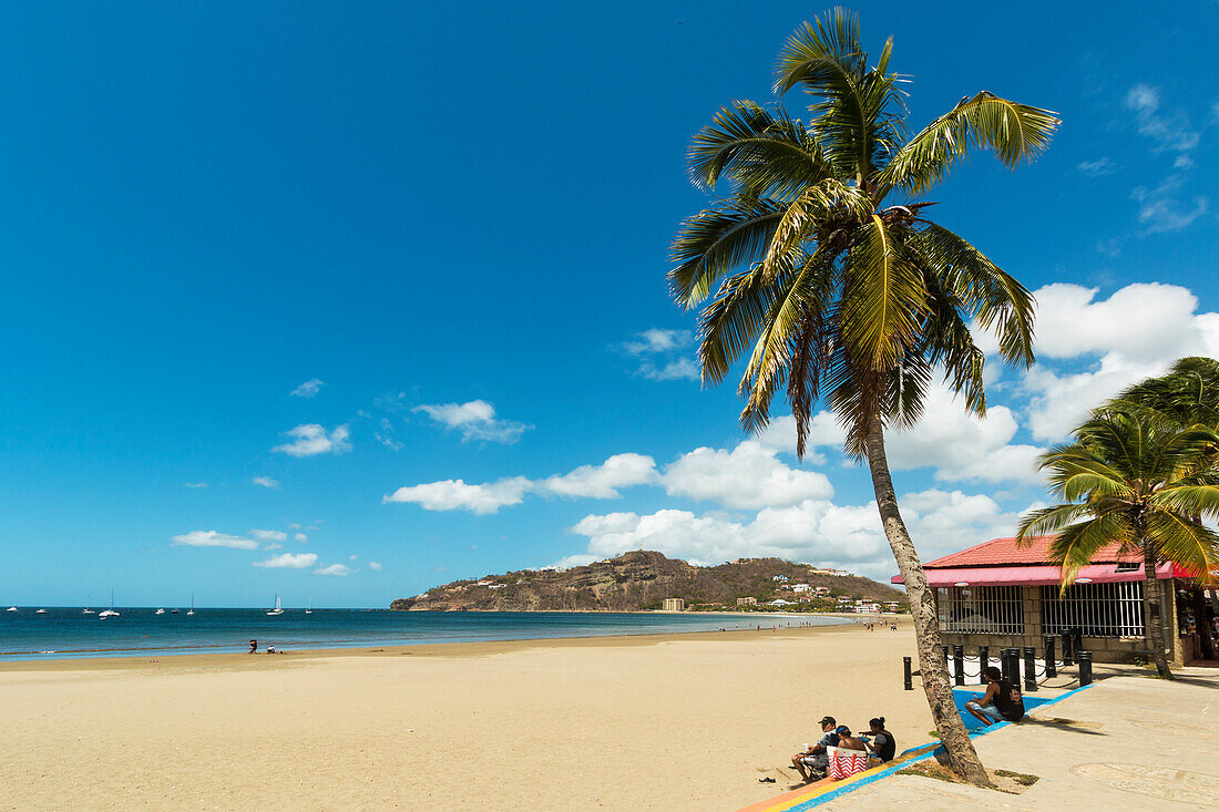 The half moon town beach at this popular tourist hub for the southern surf coast, San Juan del Sur, Rivas Province, Nicaragua, Central America