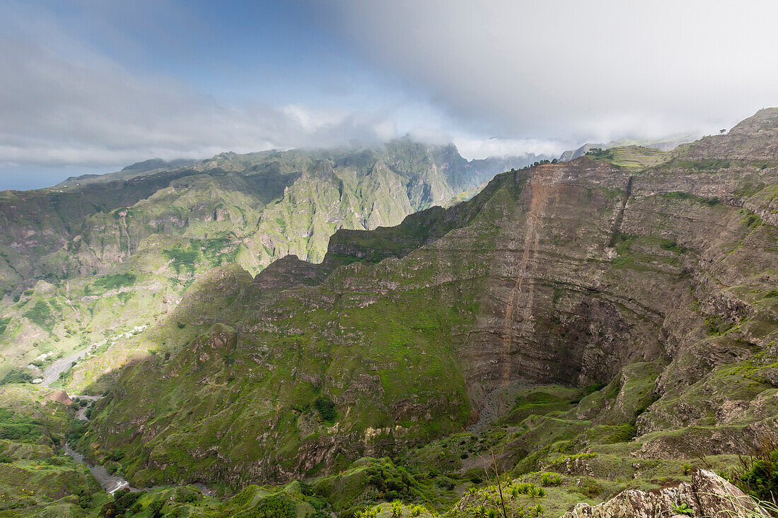 A view of the volcanic mountains surrounding Cova de Paul on Santo Antao Island, Cape Verde, Africa