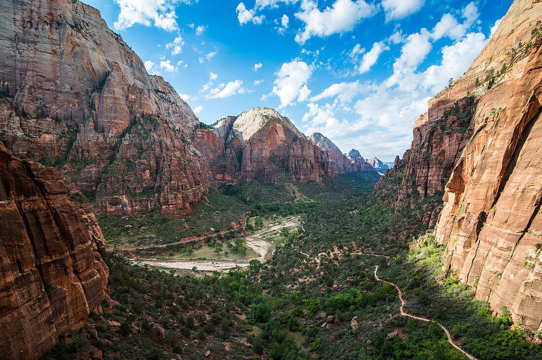 View over the cliffs of the Zion National Park and the Angel's Landing path, Zion National Park, Utah, United States of America, North America