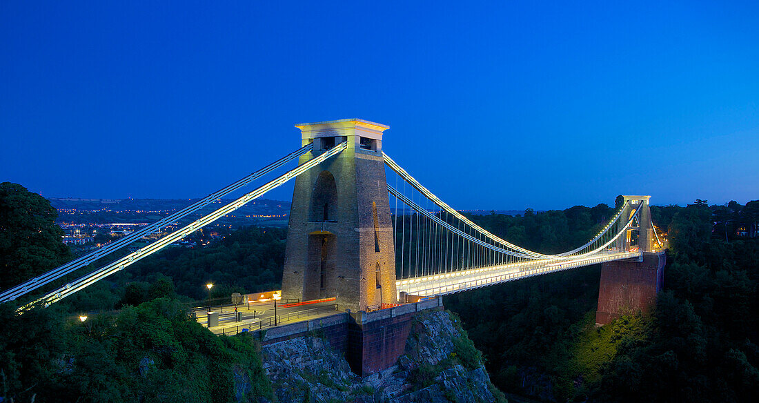 Clifton Suspension Bridge lit up at night, Bristol, England, United Kingdom, Europe
