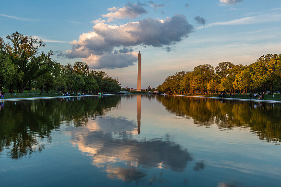 The Washington Monument with reflection as seen from the Lincoln Memorial, Washington D.C., United States of America, North America