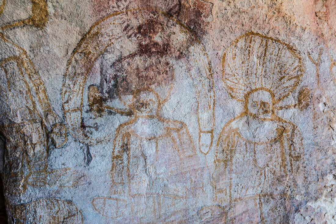Aboriginal Wandjina cave artwork in sandstone caves at Bigge Island, Kimberley, Western Australia, Australia, Pacific
