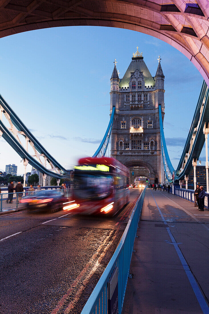Red bus on Tower Bridge, London, England, United Kingdom, Europe