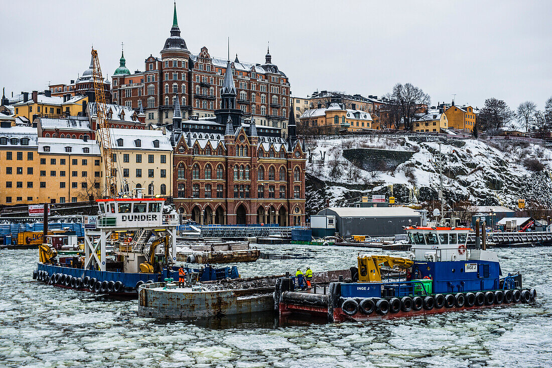 Frozen waterway in the old quarter of Stockholm, Sweden