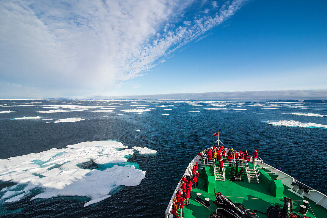 Expedition boat entering the pack ice in the Arctic shelf, Svalbard, Arctic