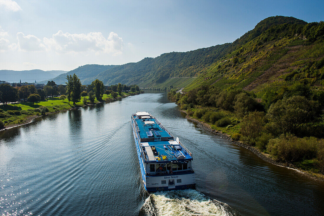 Cruise ship on the Moselle River passing Beilstein, Moselle Valley, Rhineland-Palatinate, Germany, Europe
