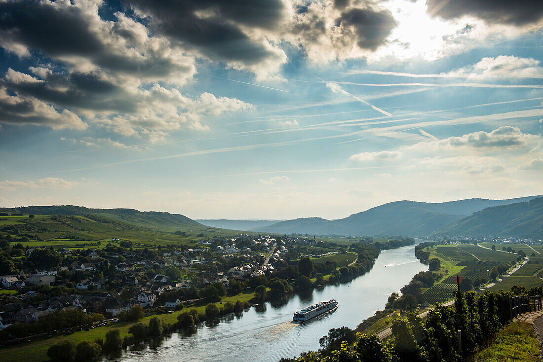 Cruise ship in backlight on the Moselle River near Wintrich, Moselle Valley, Rhineland-Palatinate, Germany, Europe