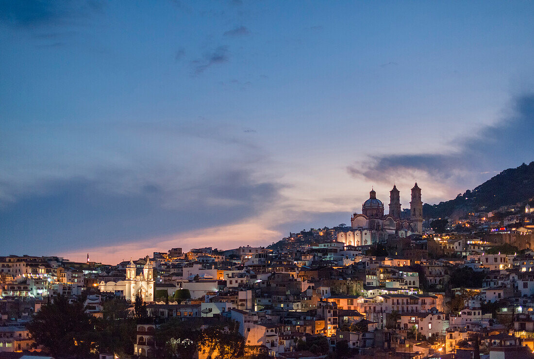 Panoramic view of Taxco de Alarcon at dusk in Guerrero, Mexico.