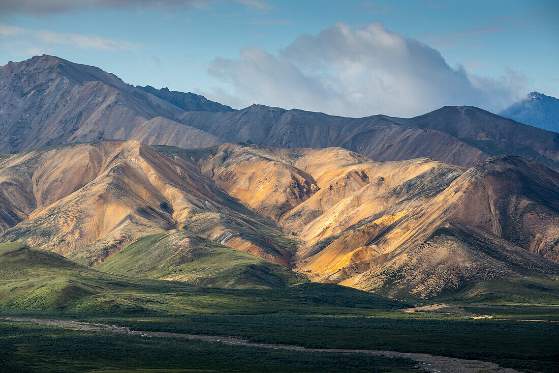 View of the polychrom pass in Denali National Park, Alaska, during a sunny day