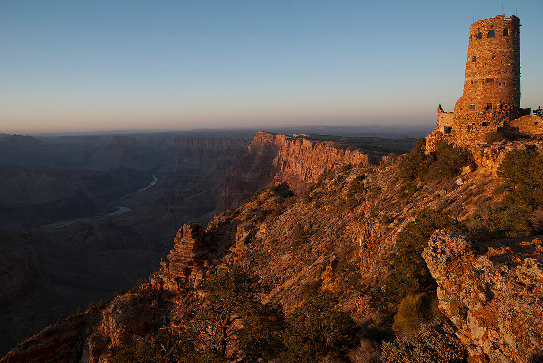 Sunset view of the Grand Canyon from Desert View Watchtower, South Rim. Grand Canyon National Park, Arizona.