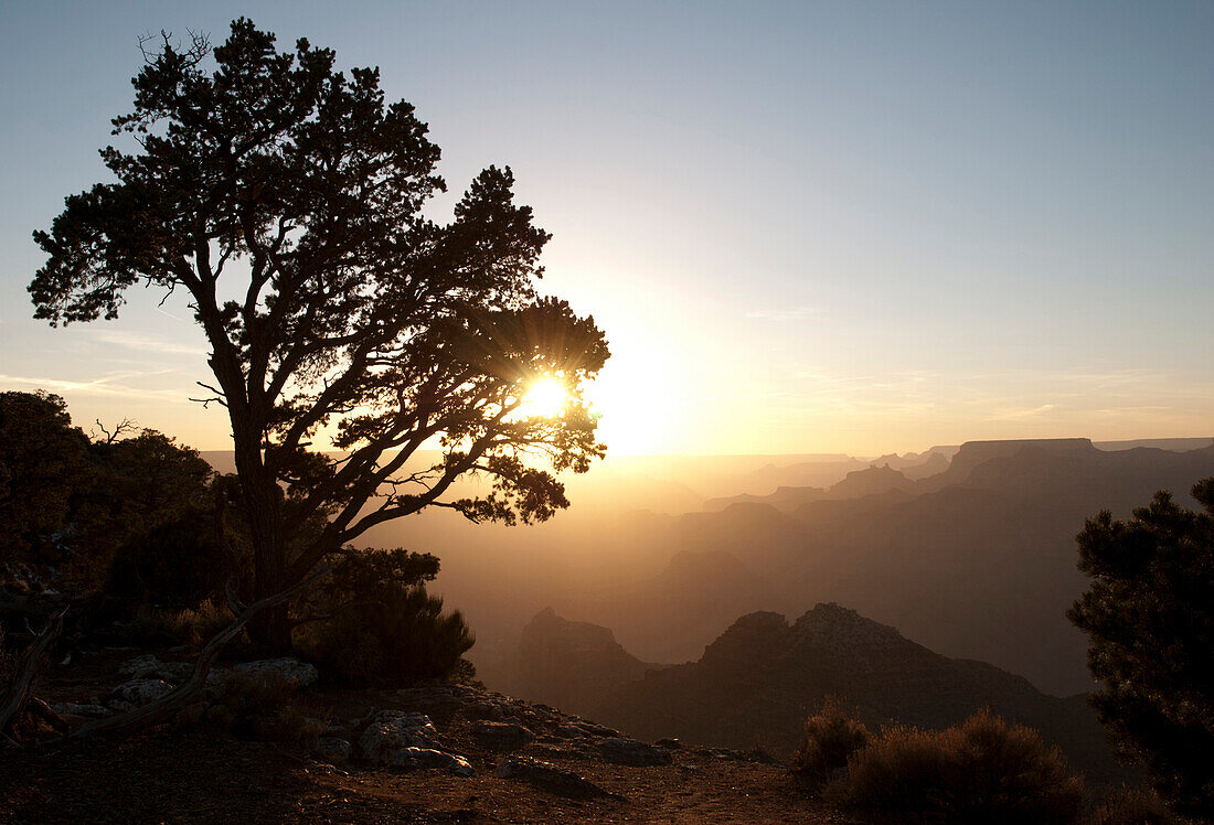 Sunset view of the Grand Canyon from Desert View Watchtower, South Rim. Grand Canyon National Park, Arizona.