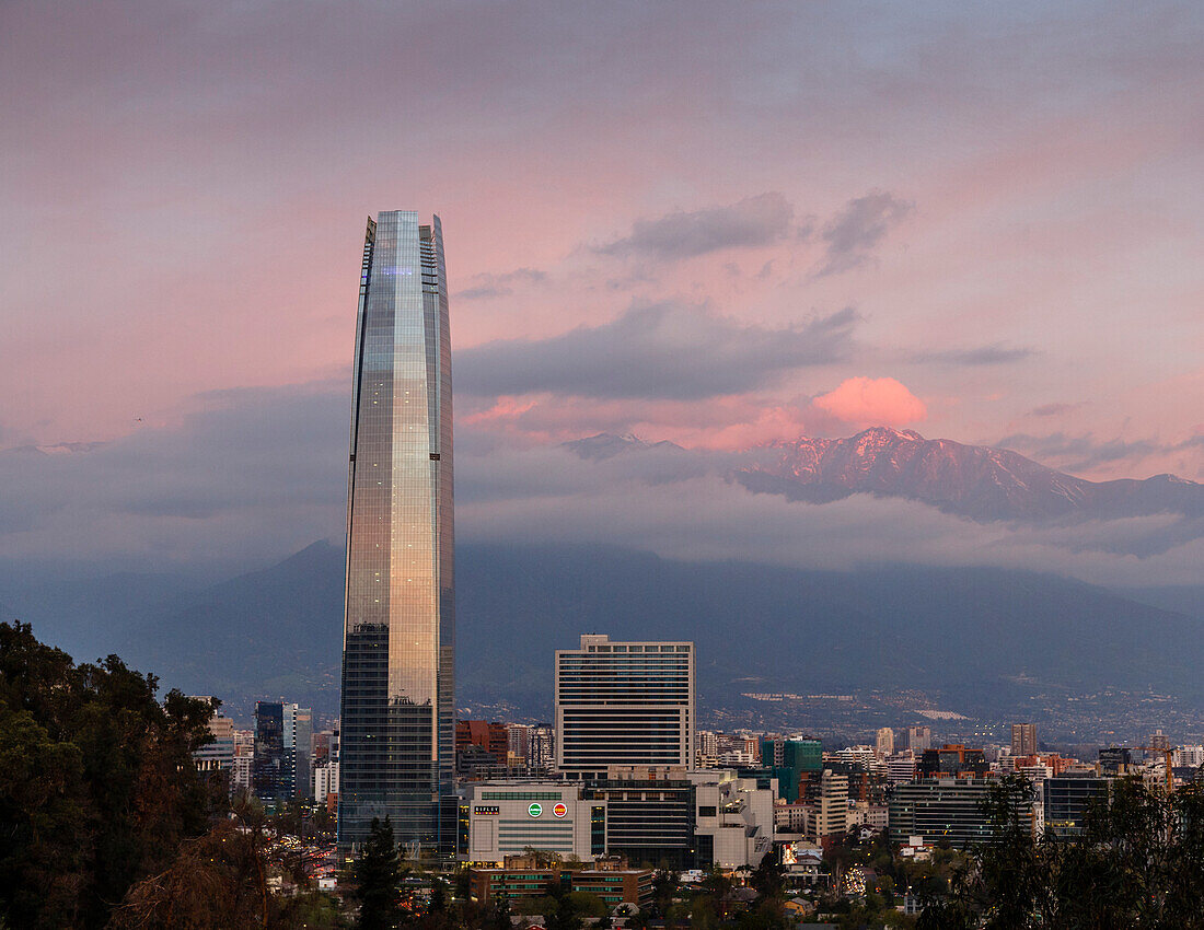View over the Gran Torre Santiago from Cerro San Cristobal, Santiago, Chile, South America
