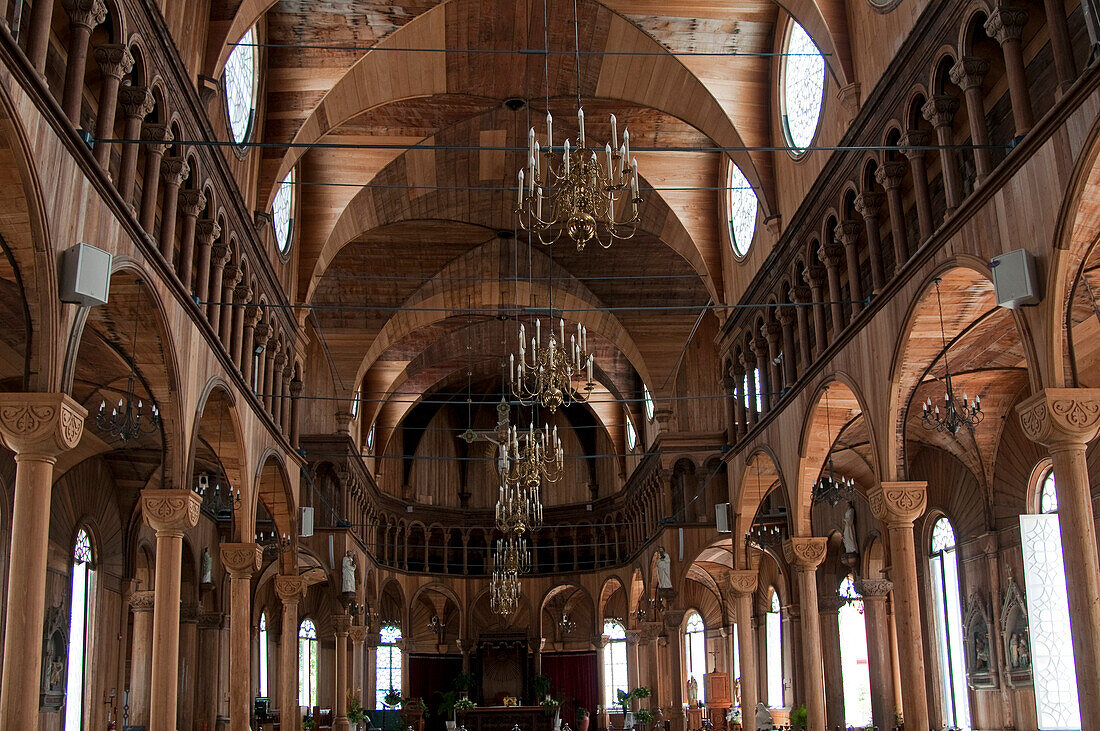 Wooden interior of St. Peter and Paul's Cathedral in Paramaribo, Suriname, South America