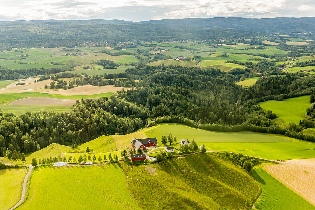 Aerial view of farmland surrounding Oslo taken on a commercial flight to Oslo, Norway, Scandinavia, Europe