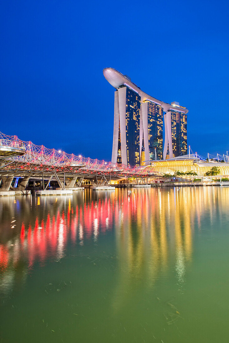 Marina Bay Sands Hotel and the Double Helix Bridge at night, Singapore, Southeast Asia, Asia