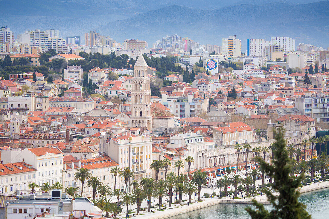 View of harbour and town centre showing the steeple of the cathedral of St. Duje, Split, Dalmatia, Croatia, Europe