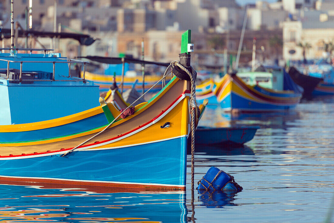 Colourful fishing boats (dghajsa), Marsaxlokk Harbour, Malta, Mediterranean, Europe