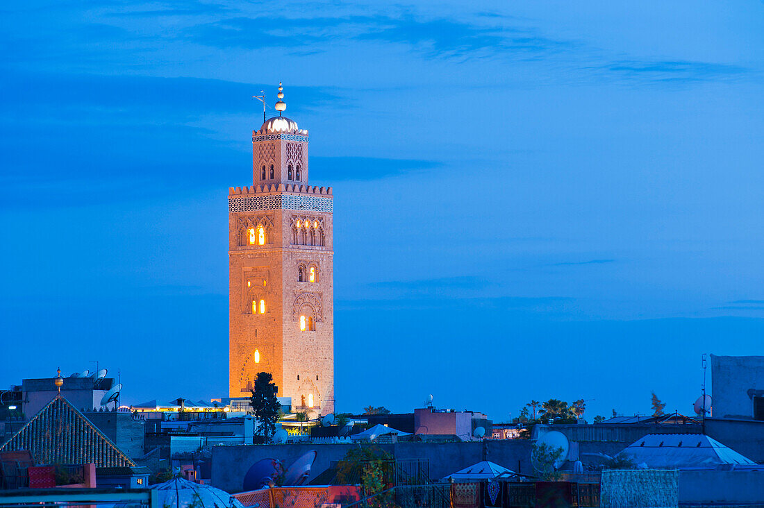 Koutoubia Mosque minaret at night, Marrakech, Morocco, North Africa, Africa