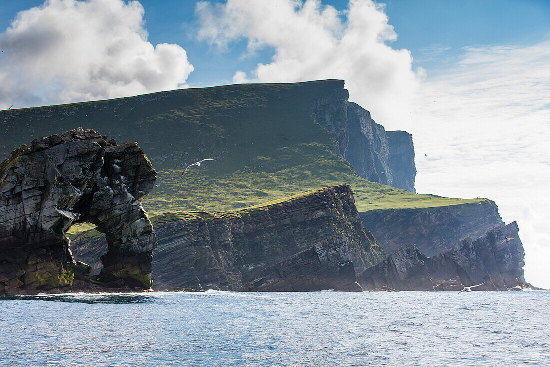 Rock formation known as Gada's Stack on Foula Island, Shetlands, Scotland, United Kingdom, Europe