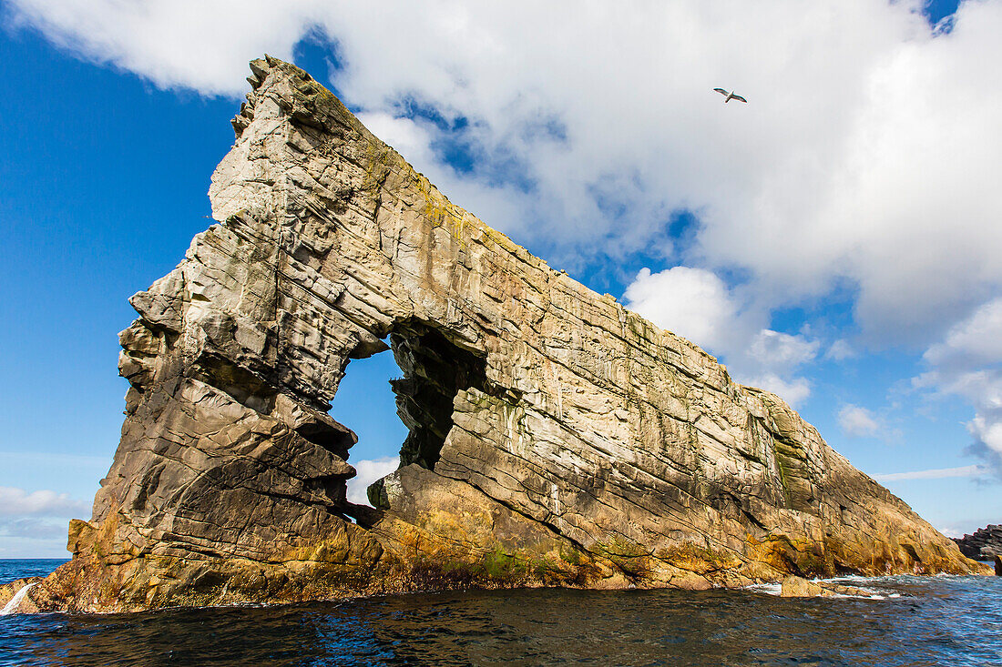 Rock formation known as Gada's Stack on Foula Island, Shetlands, Scotland, United Kingdom, Europe