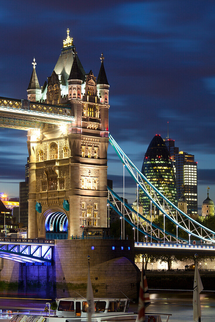 Tower Bridge and the Financial District at night, London, England, United Kingdom, Europe