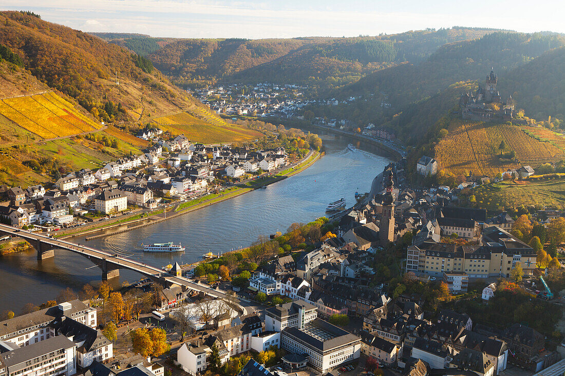 View over Cochem and the Mosel River in autumn, Cochem, Rheinland-Pfalz (Rhineland-Palatinate), Germany, Europe