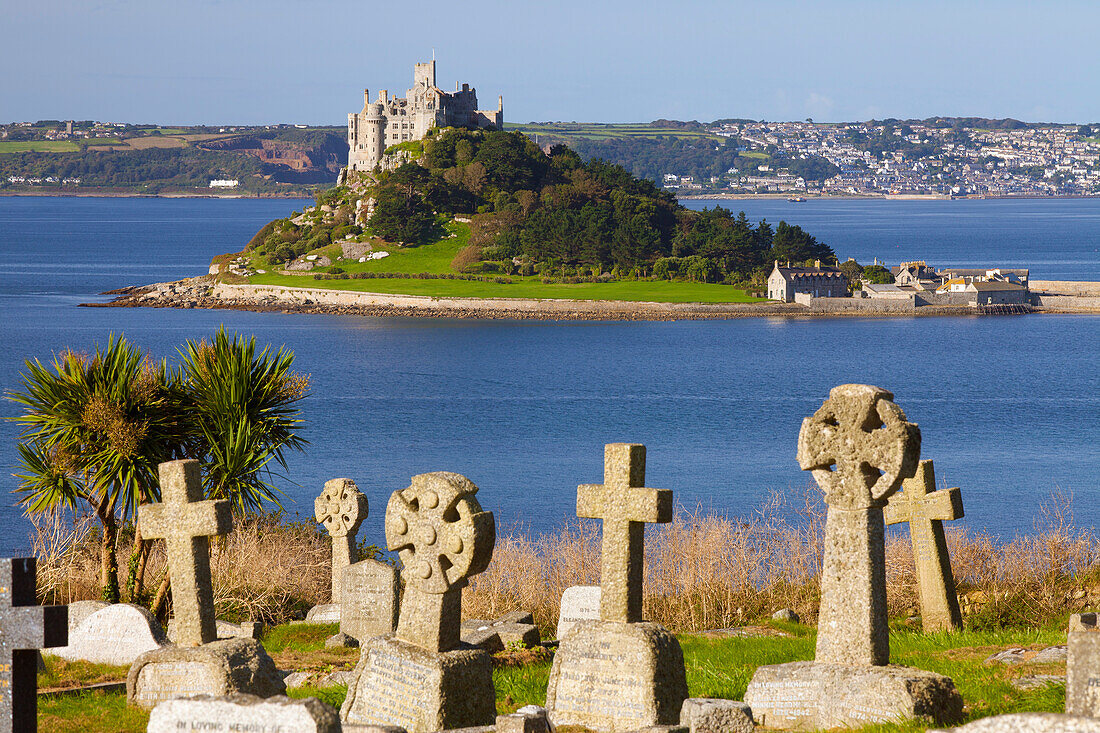 Cemetery with St. Michael's Mount in the background, Cornwall, England, United Kingdom, Europe