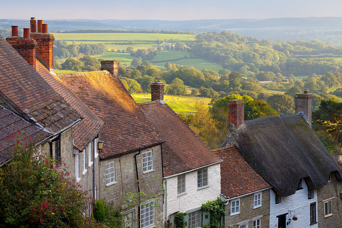Houses along Gold Hill, Shaftesbury, Dorset, England, United Kingdom, Europe
