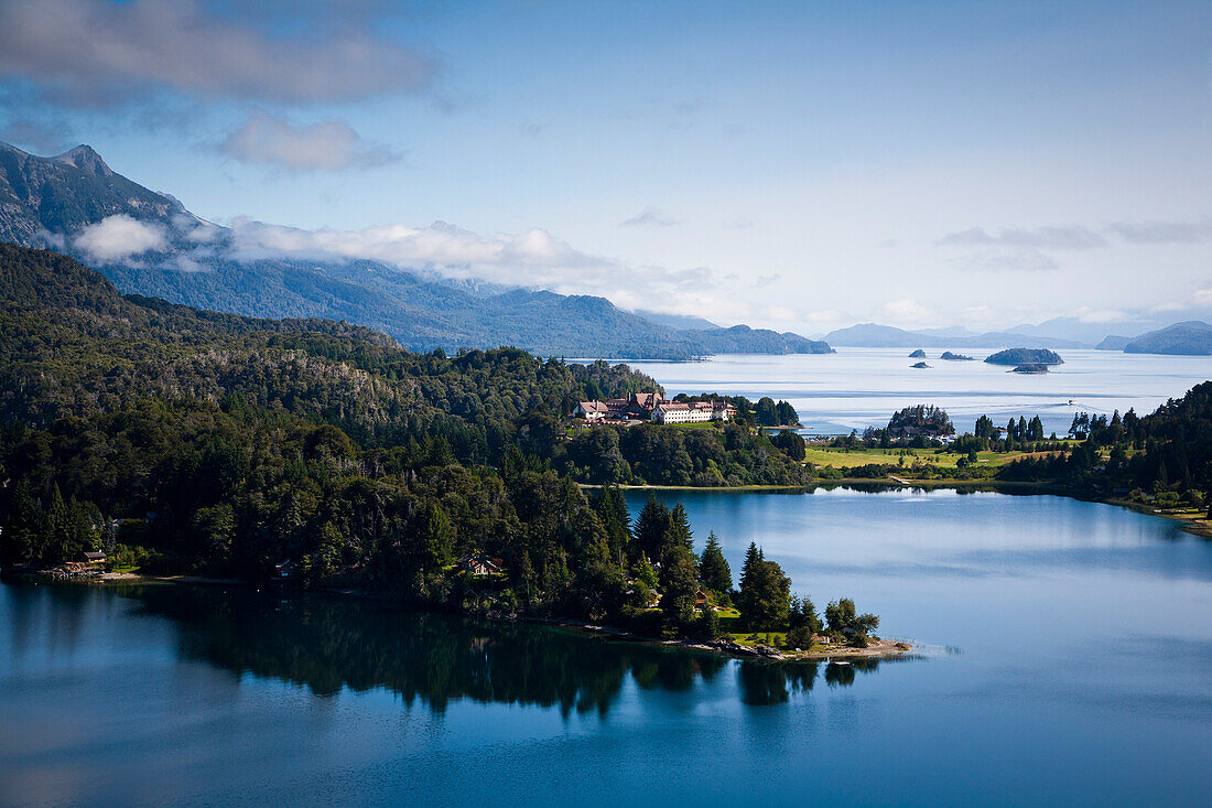 View over Nahuel Huapi lake and Llao Llao hotel near Bariloche, Lake District, Patagonia, Argentina, South America