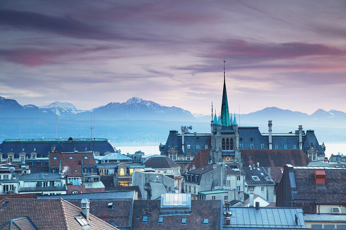 St. Francois Church and city skyline at dusk, Lausanne, Vaud, Switzerland, Europe