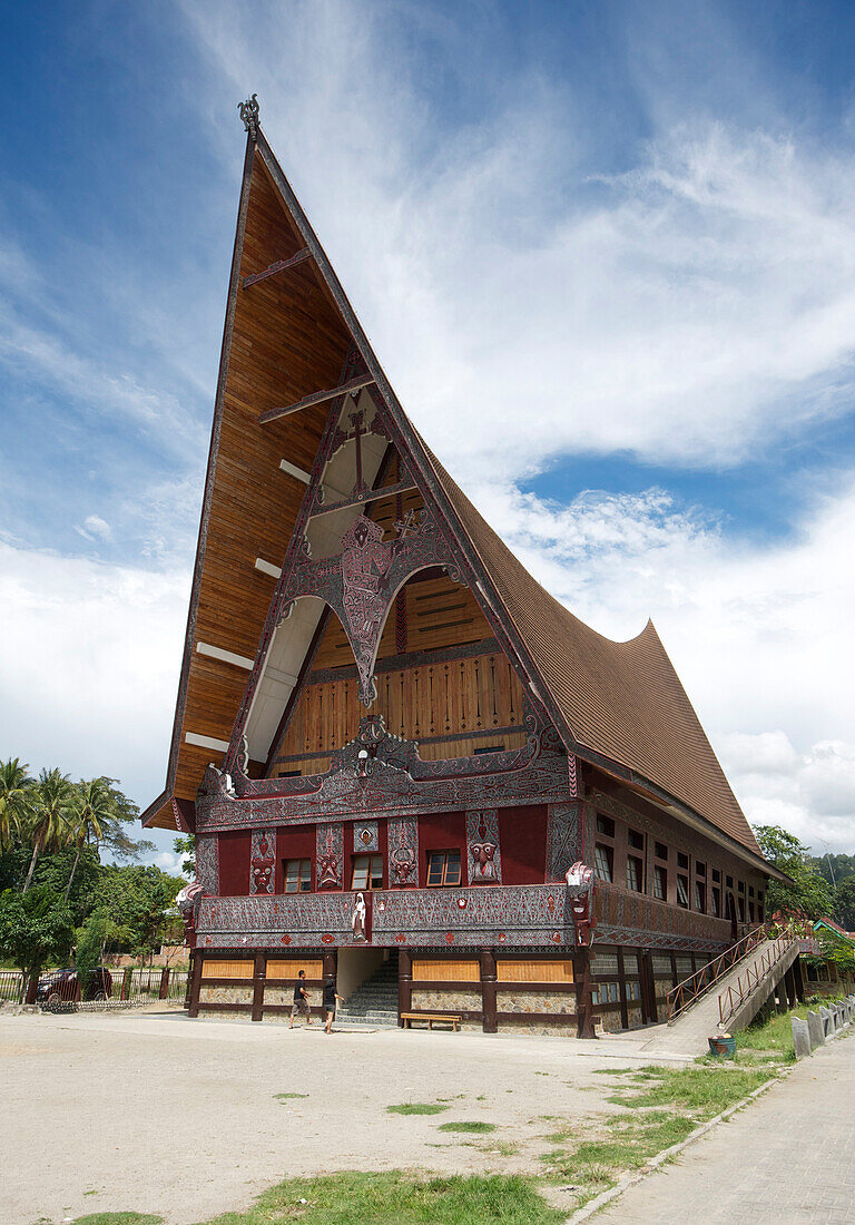 Large Batak style Catholic church with beautiful traditional Batak painted carving, Pangururan, Samosir Island, Sumatra, Indonesia, Southeast Asia, Asia