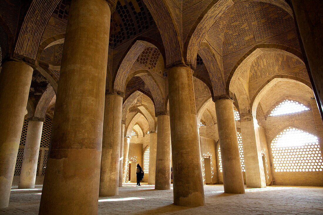 In the great columns room of the Great Mosque, Isfahan, Iran, Middle East