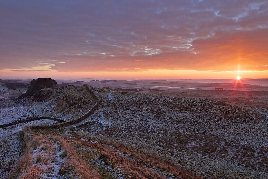 Sunrise and Hadrian's Wall National Trail in winter, looking to Housesteads Fort, Hadrian's Wall, UNESCO World Heritage Site, Northumberland, England, United Kingdom, Europe