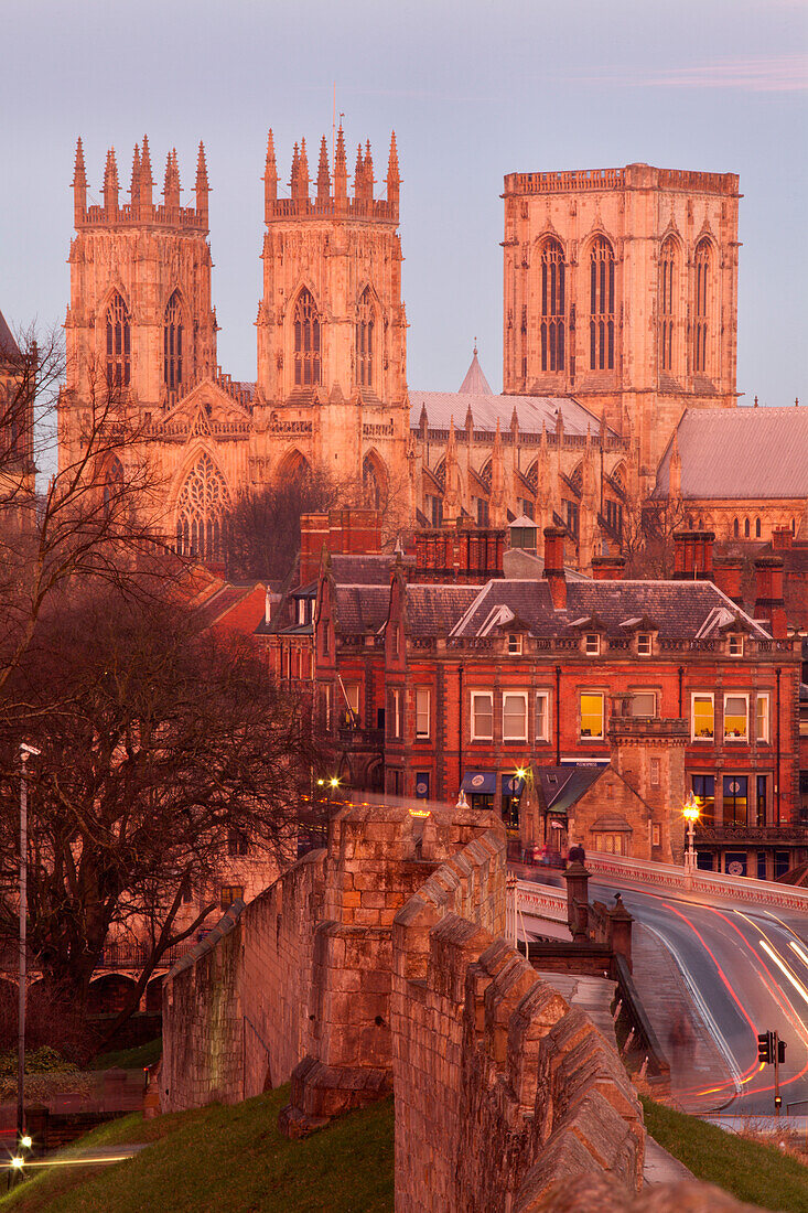 York Minster from the City Wall in twilight, York, Yorkshire, England, United Kingdom, Europe