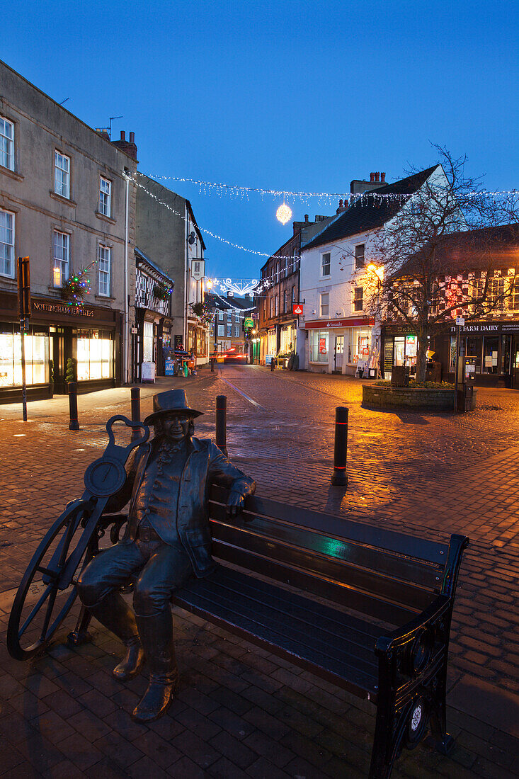 Blind Jack statue at Christmas, Knaresborough, North Yorkshire, Yorkshire, England, United Kingdom, Europe