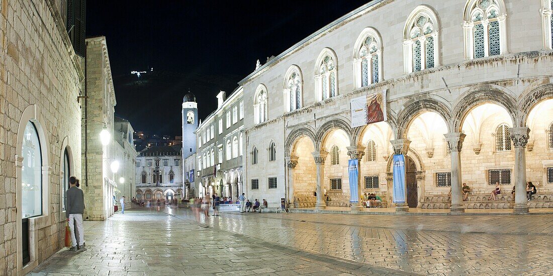 Dubrovnik City Bell Tower in Dubrovnik Old Town at night, UNESCO World Heritage Site, Dubrovnik, Croatia, Europe