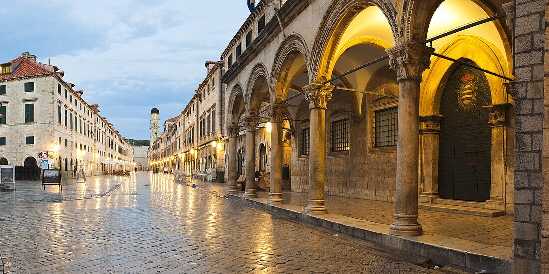 Dubrovnik Old Town, the Franciscan Monastery and Sponza Palace on Stradun at night, UNESCO World Heritage Site, Dubrovnik, Dalmatia, Croatia, Europe