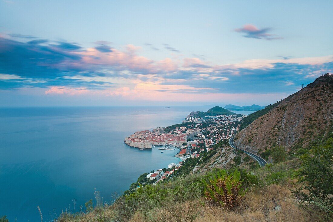 Dubrovnik Old Town and Mount Srd at sunrise, Dalmatian Coast, Adriatic, Croatia, Europe