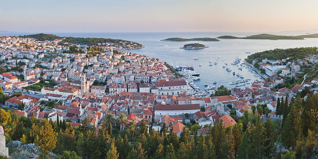 Hvar Town at sunset taken from the Spanish Fort (Fortica), Hvar Island, Dalmatian Coast, Adriatic, Croatia, Europe
