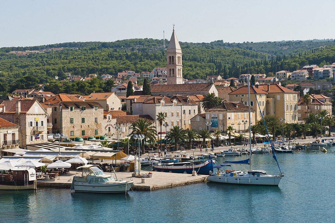 Supetar Harbour and the Church of the Annunciation, Brac Island, Dalmatian Coast, Adriatic, Croatia, Europe