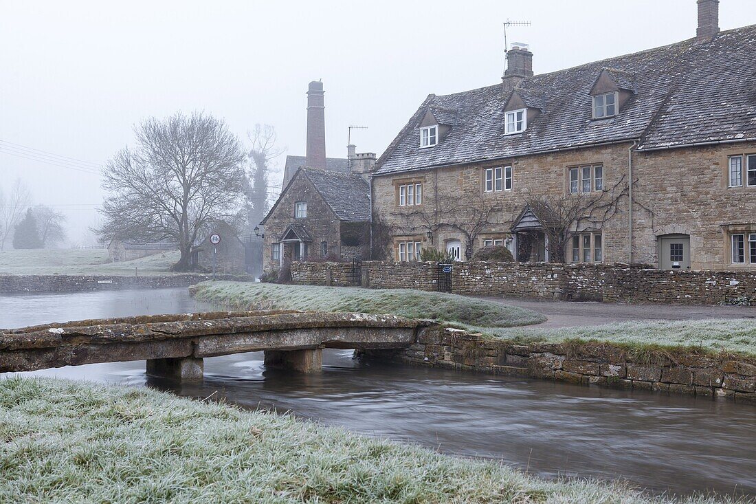 A misty and frosty winters morning, Lower Slaughter, Cotswolds, Gloucestershire, England, United Kingdom, Europe