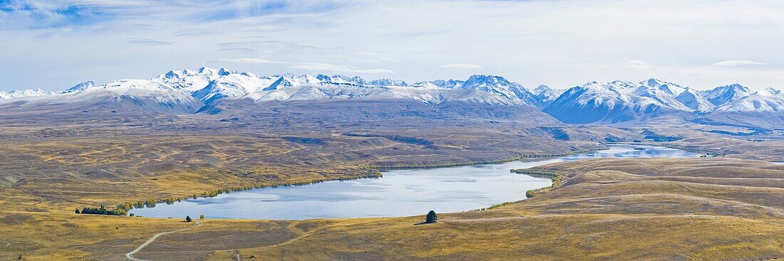 Lake Alexandrina and snow capped mountains, Canterbury Region, South Island, New Zealand, Pacific
