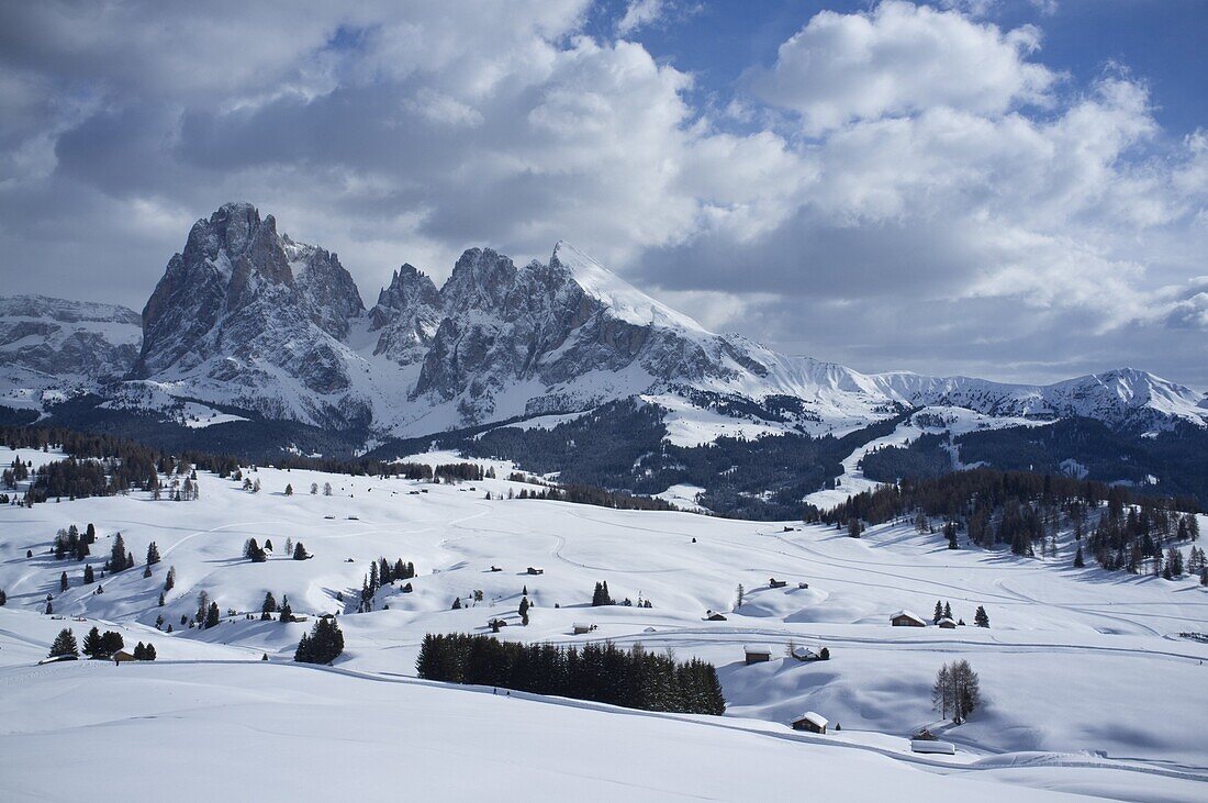 A snowy view of Sassolungo and Sassopiato Mountains behind the Alpe di Siusi ski area in the Dolomites, South Tyrol, Italy, Europe